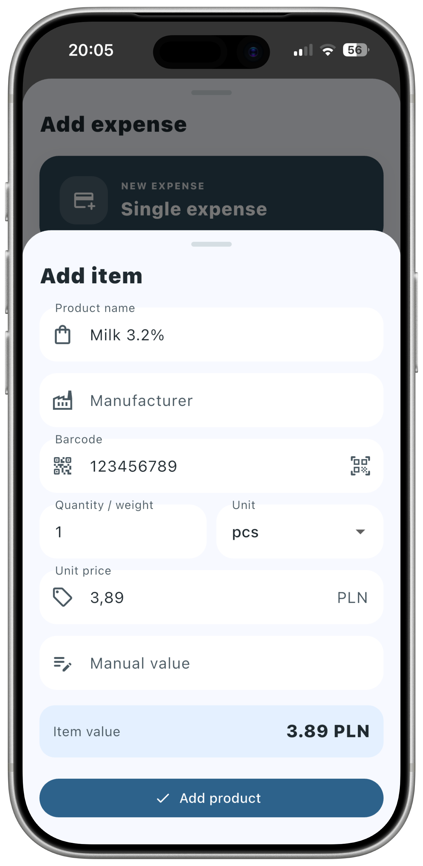 Adding a product to an expense in MamonApp
